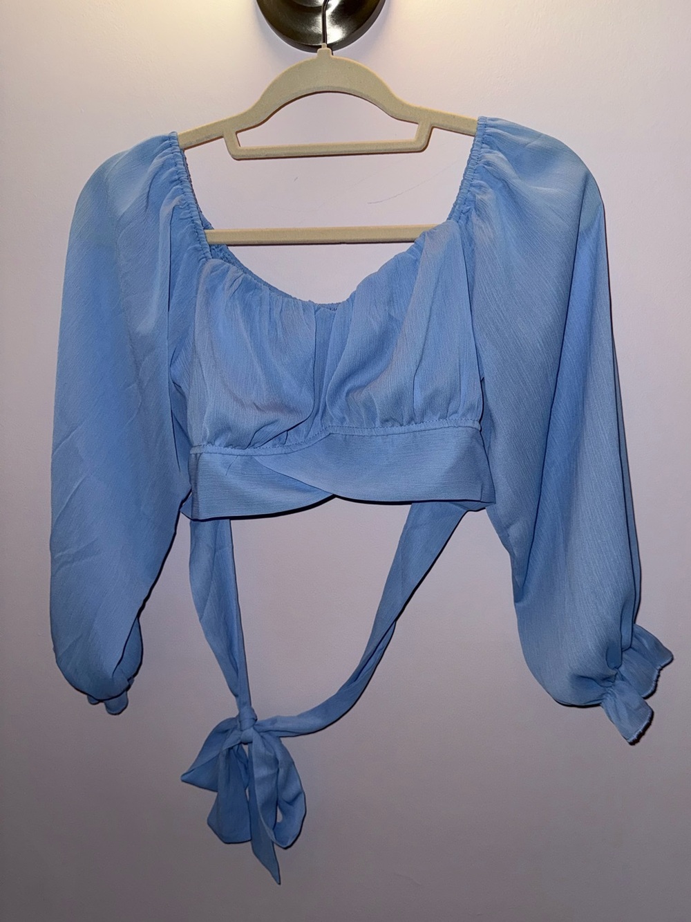 Lyaner Light Blue Tie-Back Puff Sleeve Crop Top